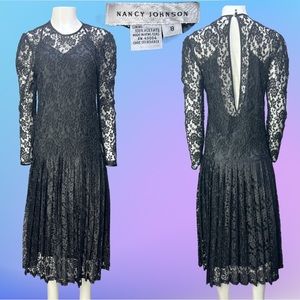 VTG 90's NANCY JOHNSON Black L/S Beaded Pleated Gothic Dress w/ Under Dress Sz 8